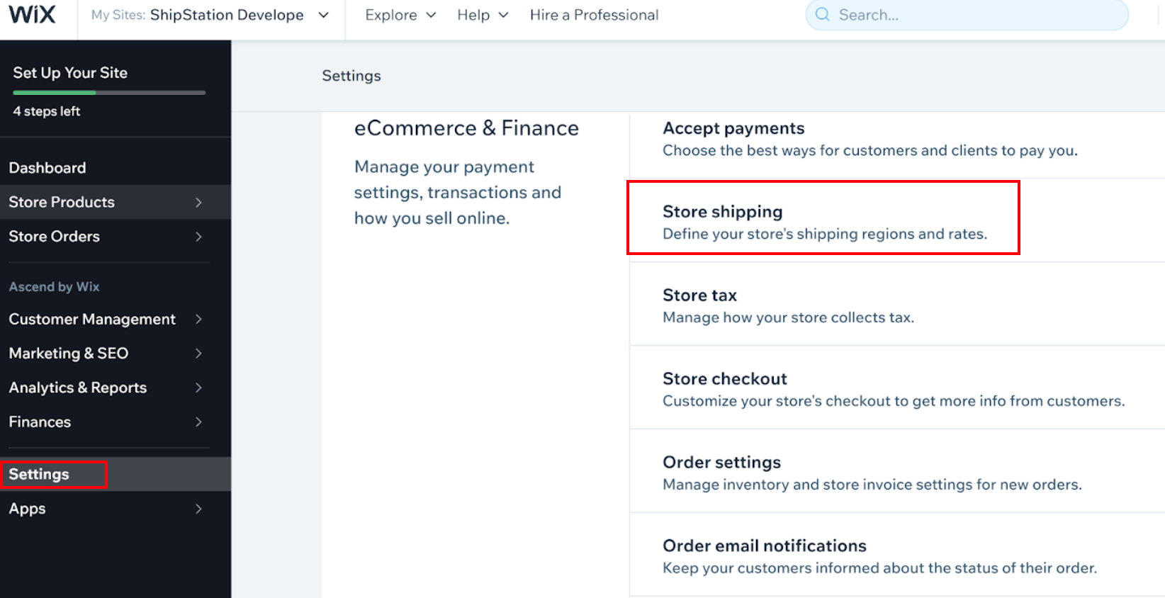 Wix dashboard Settings page. Store Shipping option highlighted.