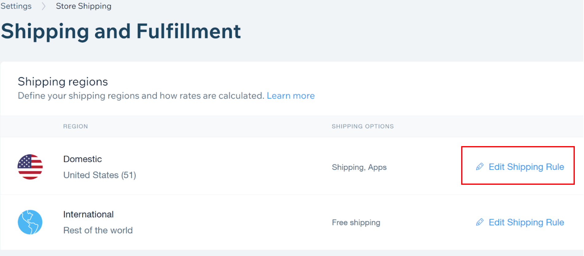 Wix Dashboard Store Shipping page. Edit Shipping Rule link highlighted.