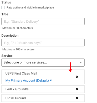 The Service drop-down expanded with an arrow pointing to the available services.