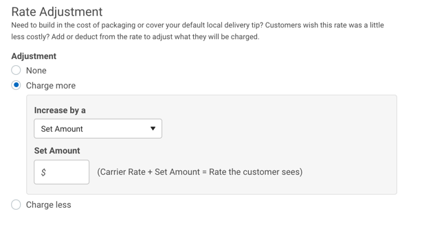 Rate adjustment options to account for packaging or handling: None, Add to Cart, deduct from rate.