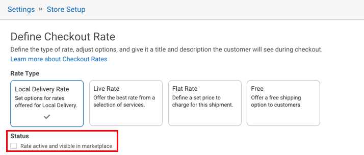 Arrow points to checkbox for Active and Visible in Your Marketplace