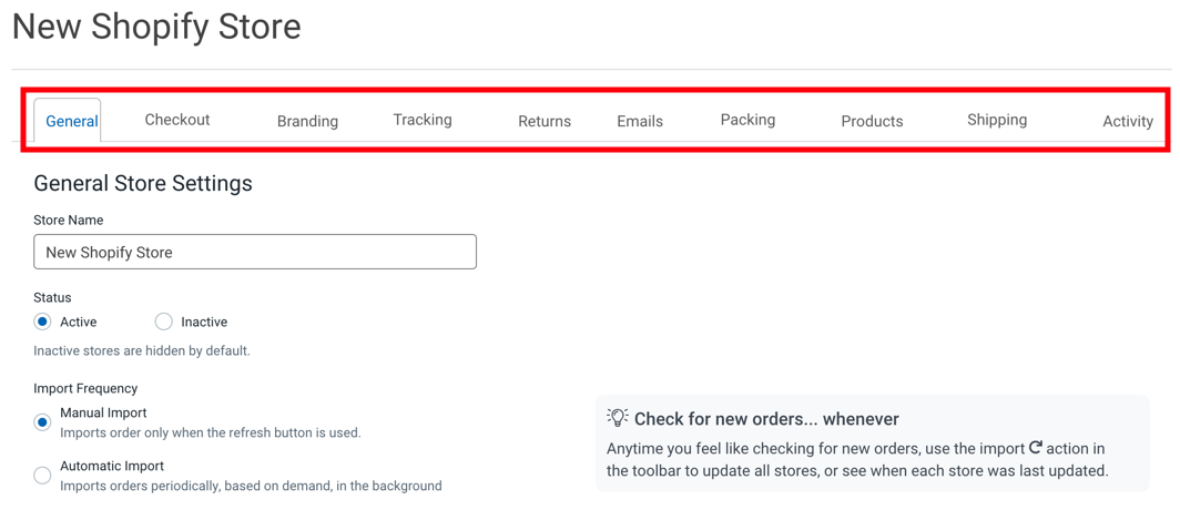 Store Settings page with the row of tabs highlighted