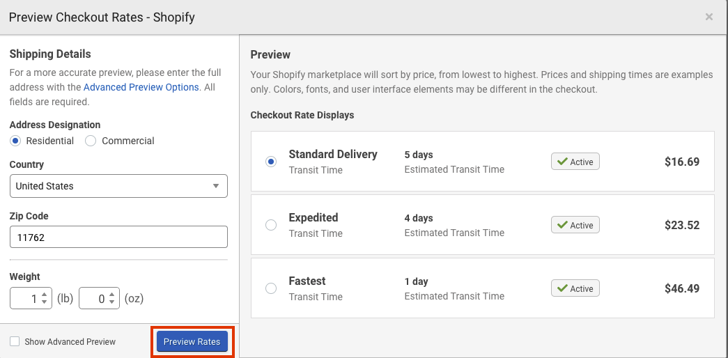 Shows preview of all Checkout Rates, Standard, Expedited, and Fastest, with transit times and rates.