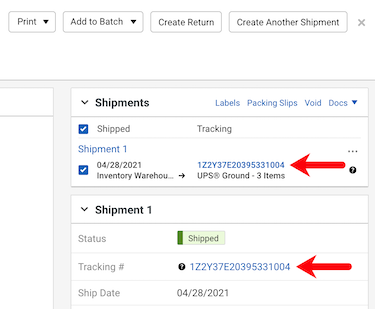 Order details Shipments Sidebar. Arrows point to tracking number links.