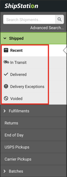 V3 Shipments Sidebar, Shipped tab tracking statuses outlined