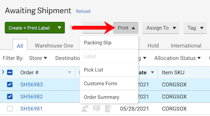 Orders tab with an arrow pointing to print menu with drop-down options revealed