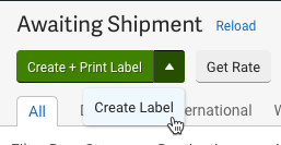 Menú desplegable del botón Crear + imprimir etiqueta con el cursor en la opción Crear etiqueta.