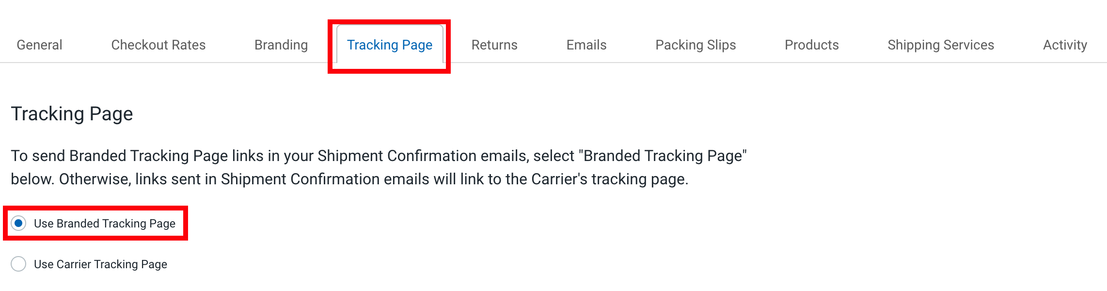 Tracking Page tab in the store settings. Use Branded Tracking Page option is outlined.