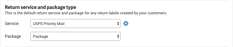 Return Service and Package Type panel with dropdowns for Service and Package.