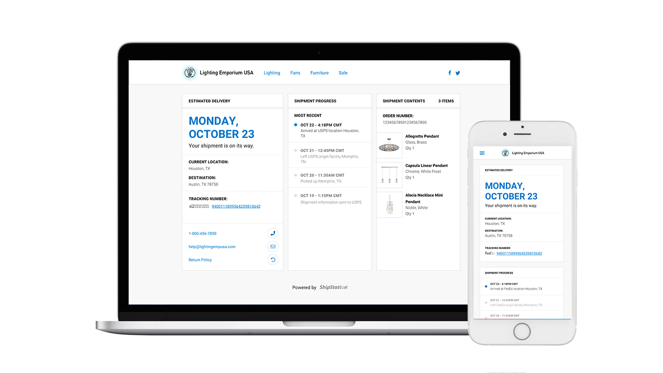 Side-by-side laptop and mobile phone screens displaying the Branded Tracking Page landing page.