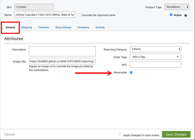 Product details General tab with arrow pointing to Returnable checkbox.