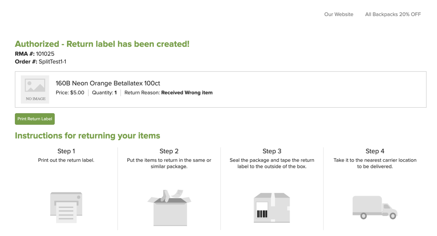 A successful return creation page with instructions to print the label, re-pack item, attach label to package, and take to nearest carrier location.