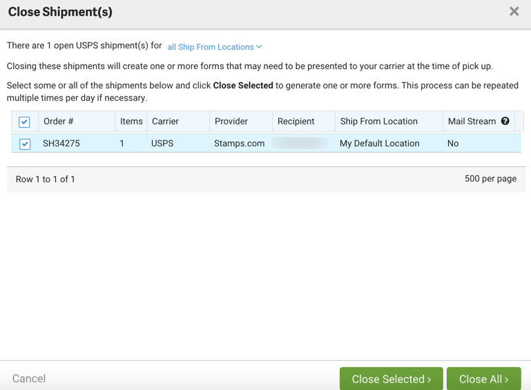 The close shipments screen shows shipments selected.
