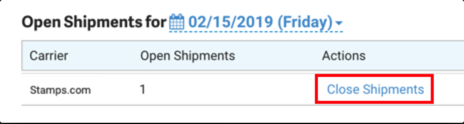 Open Shipment menu with Close shipments link highlighted.