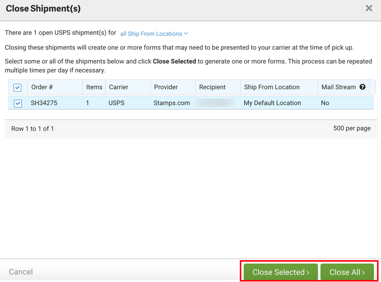 The Close Shipments screen is displayed. The close selected and close all buttons are highlighted.