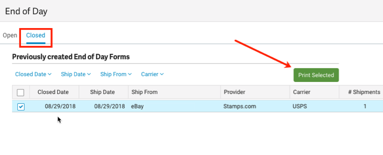 End of Day closed tab with arrow pointing to Print Selected button.