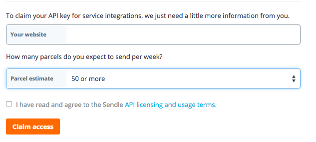 Formulario de la API de registro de Sendle
