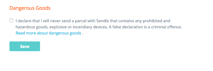 The Sendle Dangerous Goods screen is displayed with the Terms and Conditions.