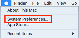 Menú principal de Mac (icono de apple) abierto con la opción Preferencias del sistema seleccionada.