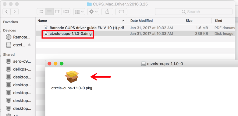 CUPS Mac Driver folder open. Zipped file open with red arrow pointing to open box icon to unzip file.