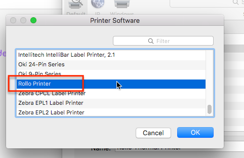 Menú Software de la impresora de las preferencias del sistema de Mac abierto con la impresora Rollo seleccionada.