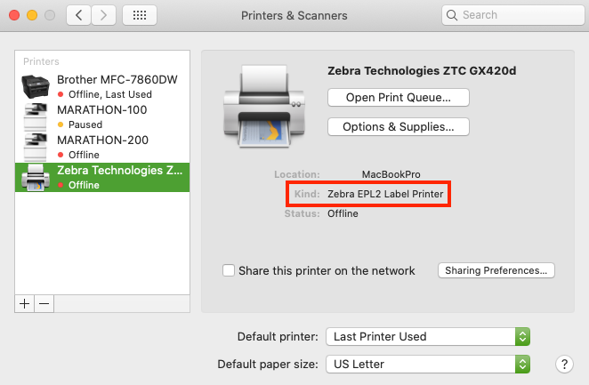 Impresora Zebra seleccionada en la ventana Impresoras y escáneres de Mac. Campo "Tipo" resaltado.