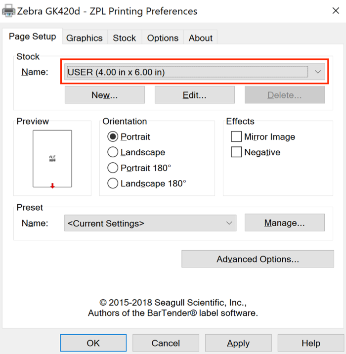 La pestaña Configuración de la página de Preferencias de impresión de Windows abierta con el tamaño de página establecido en 4 por 6 pulgadas.