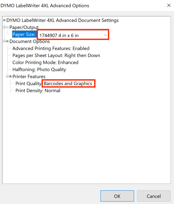 Options avancées dans Préférences d'impression pour DYMO, avec format de papier défini sur 4 × 6 et qualité d'impression définie sur Codes-barres et graphiques.