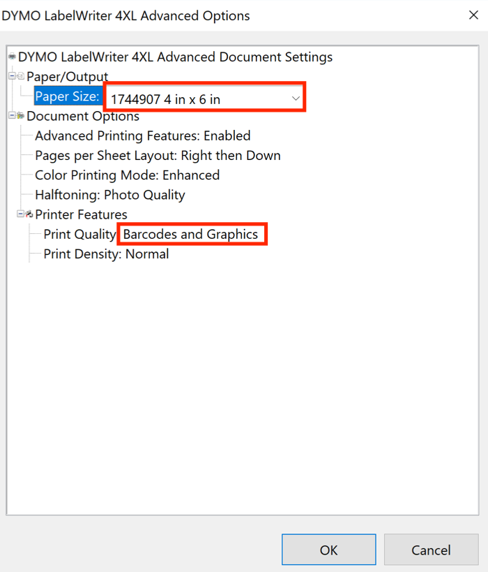 Opciones avanzadas de las Preferencias de impresión para DYMO con el tamaño del papel establecido en 4 x 6, y la calidad de impresión en Códigos de barras y gráficos.