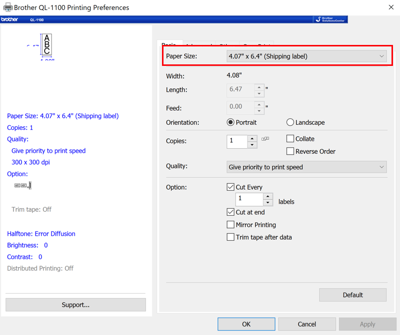 Onglet Basique des Préférences d'impression dans Windows, s'ouvre avec un format de papier défini sur 4,07 × 6,4 pouces.