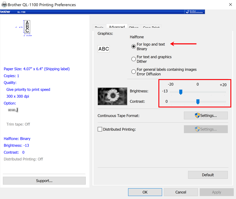 La pestaña Avanzado de Preferencias de impresión de Windows abierta con las opciones Semitono, Brillo y Contraste resaltadas.