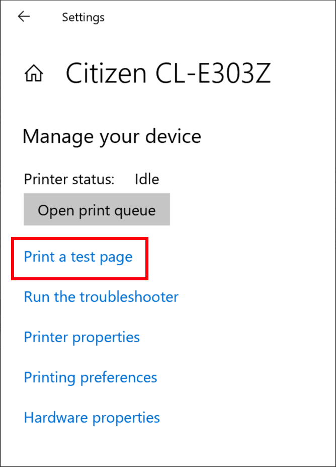 El menú Administrar dispositivo de la impresora Citizen con la opción "Imprimir una página de prueba" seleccionada.