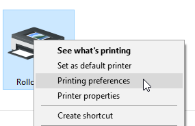 Right-click menu of Rollo printer with arrow hovering over Printing Preferences option.