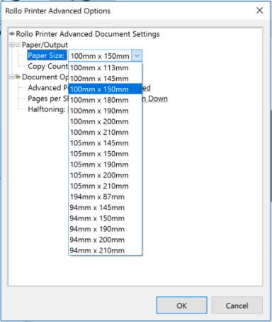 Opciones avanzadas de Preferencias de impresión de Windows para Rollo con el tamaño del papel establecido en 100 mm x 150 mm.