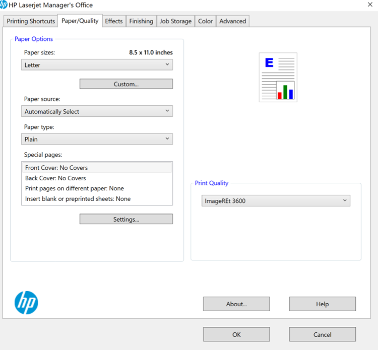 HP Laserjet printing preferences window open to Paper/Quality tab, with paper size set to letter.