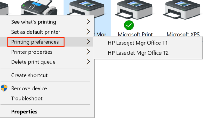 Haz clic derecho en la impresora para abrir el menú Configuración. Pasa el cursor sobre Preferencias de impresión para ver las opciones de la bandeja de impresión.