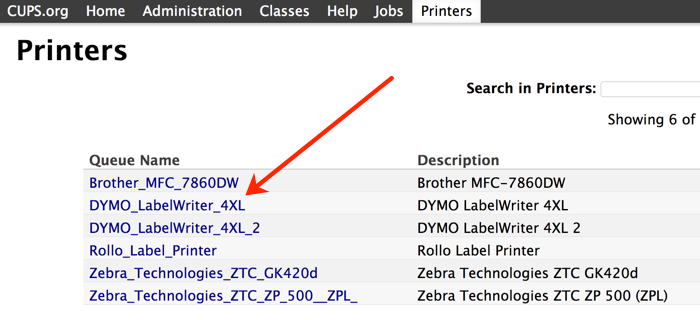 CUPS Printers menu shows available printers to connect. Red arrow points to DYMO LabelWriter 4XL.