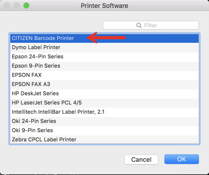 Menú Software de la impresora de las preferencias del sistema de Mac abierto con la impresora Citizen seleccionada.