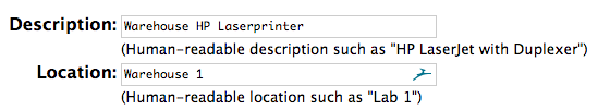 CUPS Modify Printer settings with Description and Location fields filled in.