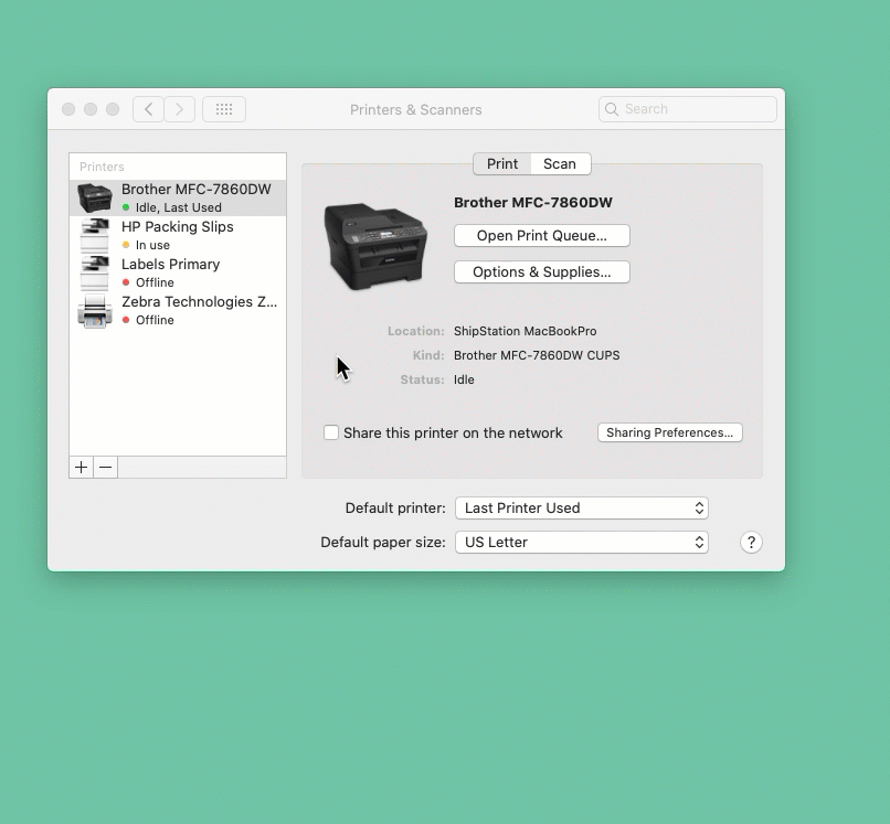 Impresoras y escáneres de Mac. Abre la ventana Agregar impresora, selecciona la impresora, selecciona el controlador en el menú Usar y haz clic en el botón Agregar.