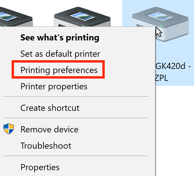 Haz clic derecho en el menú de la impresora Zebra abierta con la opción Preferencias de impresión resaltada.