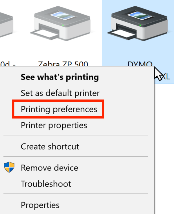 Right-click menu of DYMO printer with Printing Preferences option highlighted.
