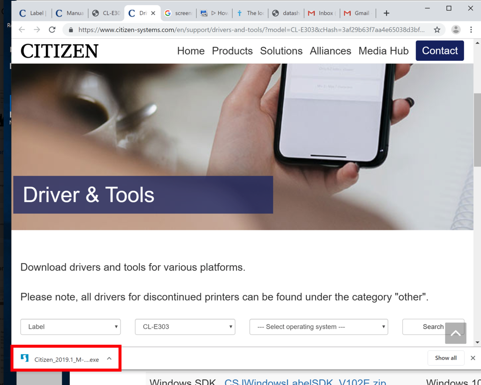 El sitio web de Citizen abierto en el navegador Google Chrome con la descarga del controlador E303Z para Windows.