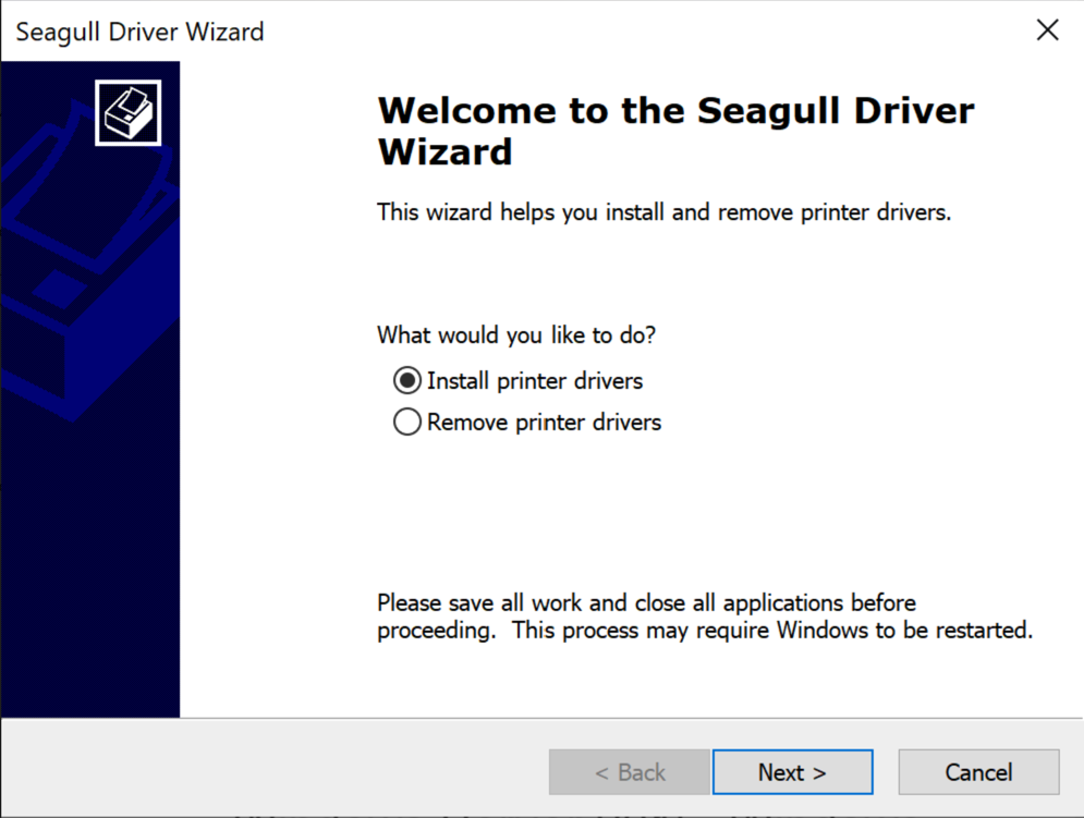 El wizard de instalación del controlador de Seagull abierto en la primera página del dispositivo Windows.