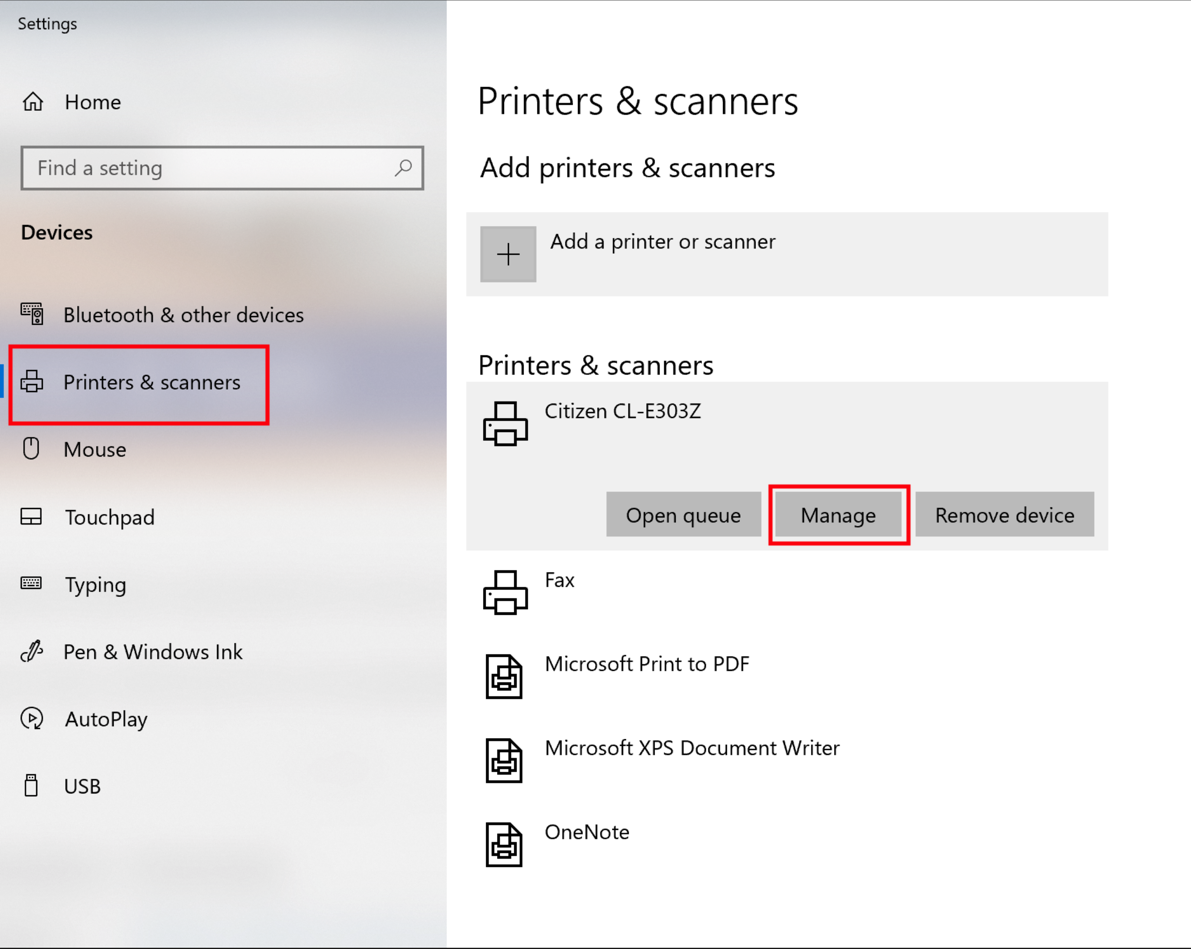 Windows Printers & Scanners menu open from Settings, with Manage button highlighted beneath connected Citizen printer.