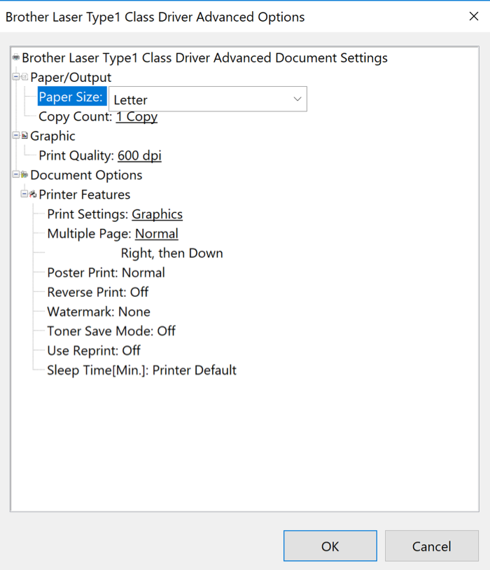 Windows Printing Preferences Advanced Options window open with Paper Size set to Letter.