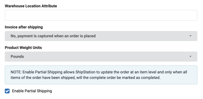Magento v2-Verbindungsseite, zeigt die Lagerstandortattribute, die Rechnung nach dem Versand und die Felder für Produktgewichtseinheiten an