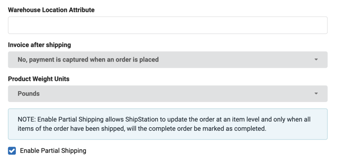 Magento v2 connections screen, shows the warehouse location attributes, Invoice after shipping, and product weight units fields