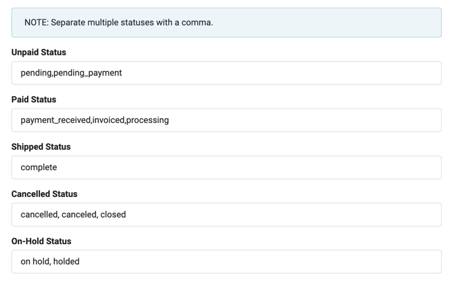 Magento connection screen, shows the various status fields