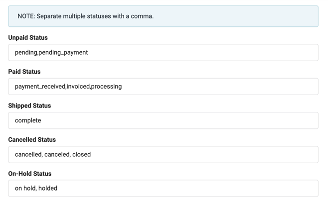 Magento-Verbindungsseite, zeigt verschiedene Statusfelder an